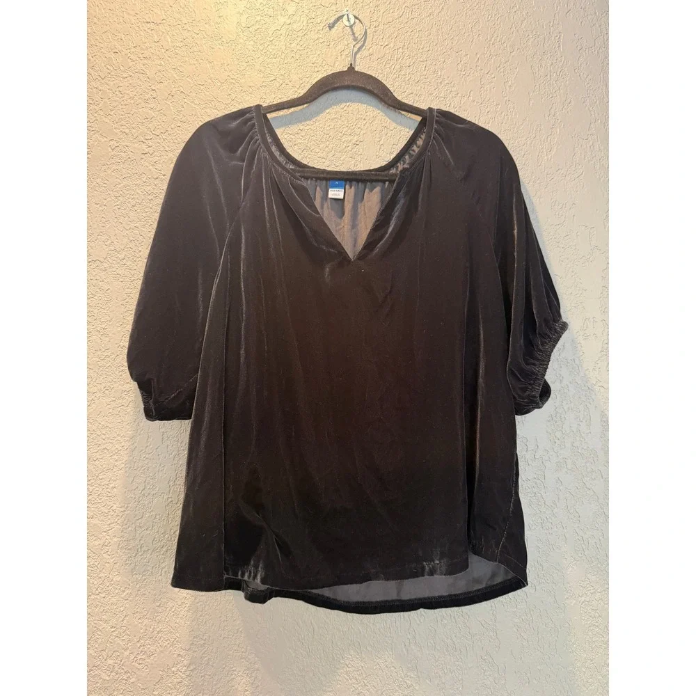 Old Navy‎ Black Velvet Puff Sleeve Blouse Split V-Neck Top